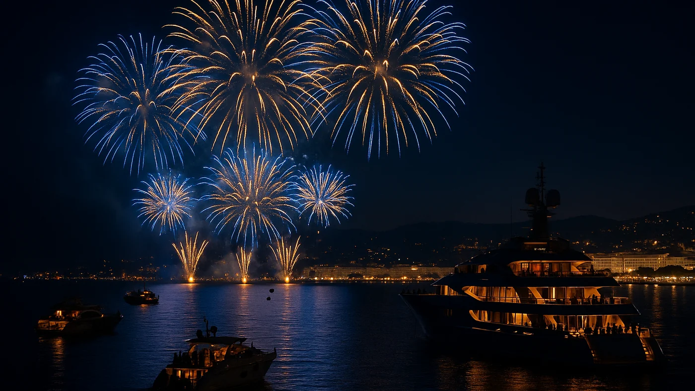 Feu d'artifice du 14 juillet sur la baie de Cannes avec des yachts de luxe au premier plan